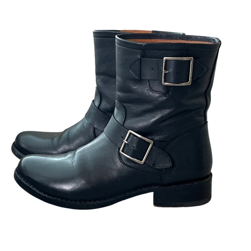 Frye Vicky Engineer Short Black Leather Buckle Boots Size 7.5 - Picture 5 of 10
